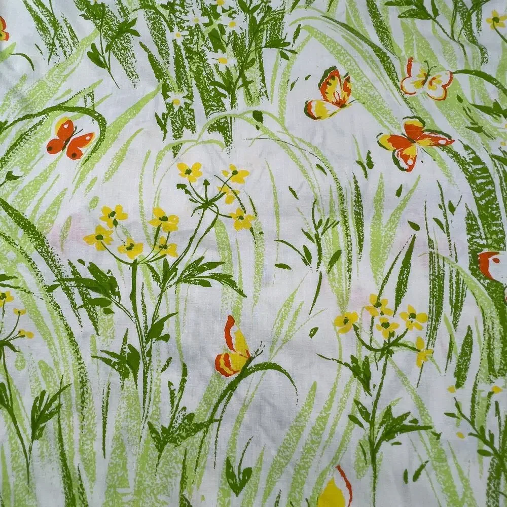 BIBB Vintage 1970s King Flat Sheet Spring Meadow Butterfly Floral No Iron Muslin